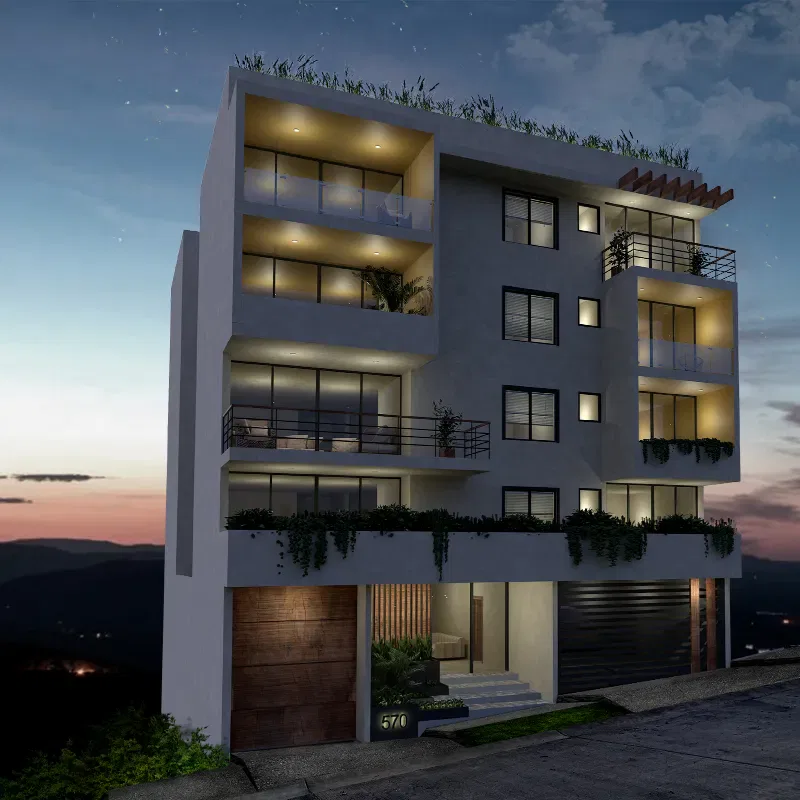 Fachada Noche render, Unique Living Torre de departamentos en Villa Magna San Luis Potosí – UniqueLiving.mx, proyecto de Backer Developments - Backer.mx